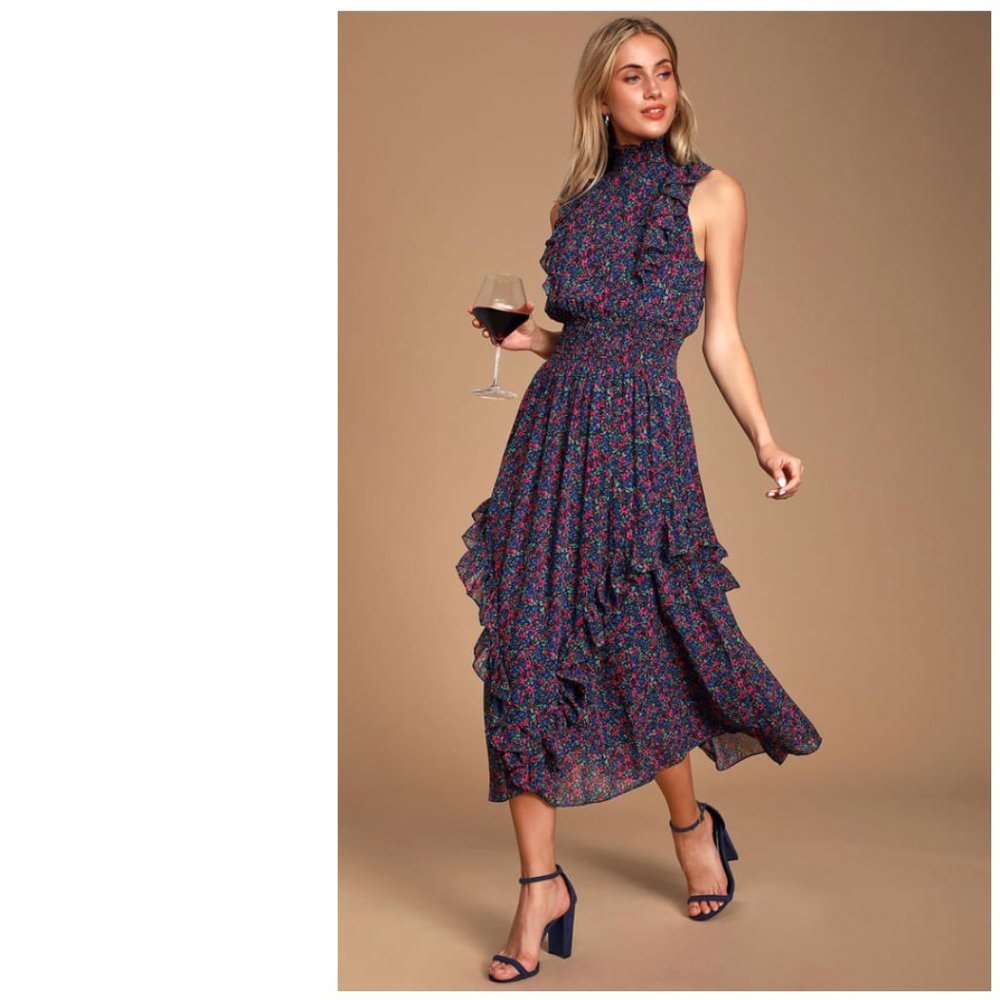 Navy Blue Floral Print Mock Neck Midi Dres